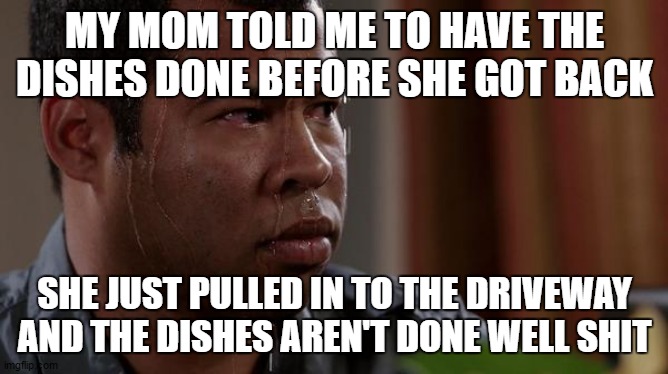 Mom told me to do the dishes and I never did | MY MOM TOLD ME TO HAVE THE DISHES DONE BEFORE SHE GOT BACK; SHE JUST PULLED IN TO THE DRIVEWAY AND THE DISHES AREN'T DONE WELL SHIT | image tagged in sweating bullets | made w/ Imgflip meme maker