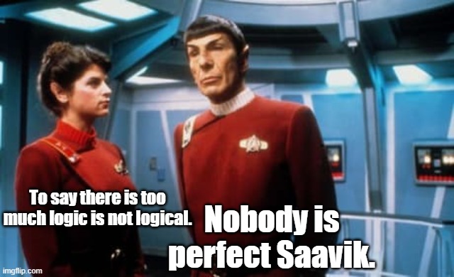 Spock and Saavik | To say there is too much logic is not logical. Nobody is perfect Saavik. | image tagged in spock and saavik | made w/ Imgflip meme maker