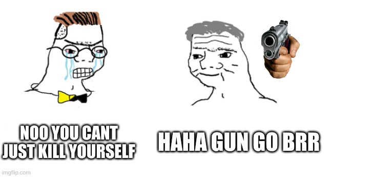 nooo haha go brrr | NOO YOU CANT JUST KILL YOURSELF HAHA GUN GO BRR | image tagged in nooo haha go brrr | made w/ Imgflip meme maker