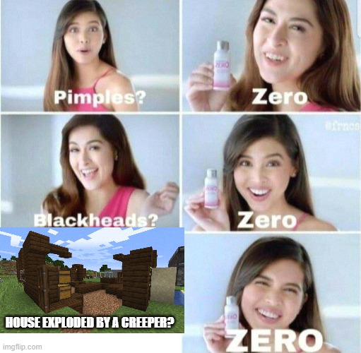 Pimples, Zero! | HOUSE EXPLODED BY A CREEPER? | image tagged in pimples zero | made w/ Imgflip meme maker