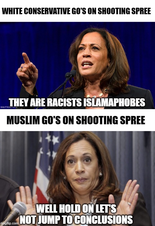 WHITE CONSERVATIVE GO'S ON SHOOTING SPREE; THEY ARE RACISTS ISLAMAPHOBES; MUSLIM GO'S ON SHOOTING SPREE; WELL HOLD ON LET'S NOT JUMP TO CONCLUSIONS | image tagged in kamala harris,hypocrisy | made w/ Imgflip meme maker