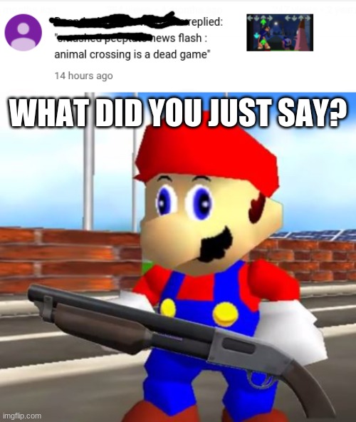 why first comments are bad | WHAT DID YOU JUST SAY? | image tagged in smg4 shotgun mario,animal crossing,say that again i dare you | made w/ Imgflip meme maker