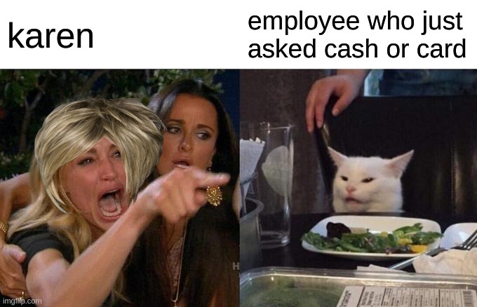 Woman Yelling At Cat Meme | karen; employee who just asked cash or card | image tagged in memes,woman yelling at cat | made w/ Imgflip meme maker