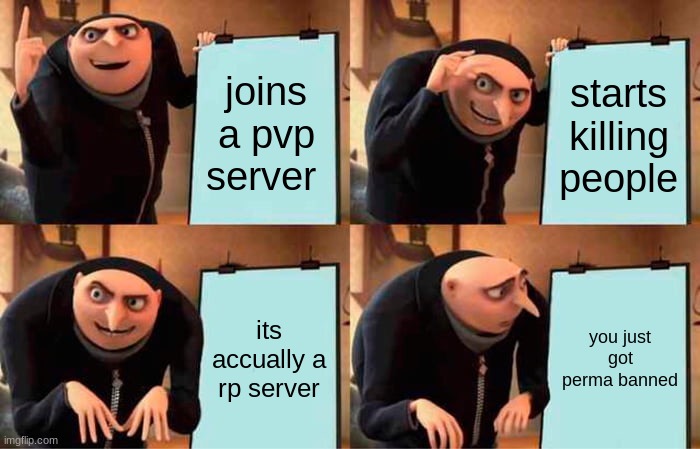 rp server | joins a pvp server; starts killing people; its accually a rp server; you just got perma banned | image tagged in memes,gru's plan,unturned | made w/ Imgflip meme maker