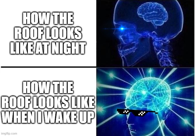 Expanding Brain Two Frames | HOW THE ROOF LOOKS LIKE AT NIGHT; HOW THE ROOF LOOKS LIKE WHEN I WAKE UP | image tagged in expanding brain two frames | made w/ Imgflip meme maker