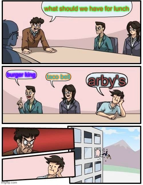 Boardroom Meeting Suggestion | what should we have for lunch; burger king; taco bell; arby's | image tagged in memes,boardroom meeting suggestion | made w/ Imgflip meme maker