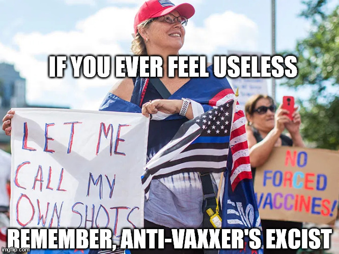 Covid-19 | IF YOU EVER FEEL USELESS; REMEMBER, ANTI-VAXXER'S EXCIST | image tagged in covid-19,vaccines,anti-vaxxer,losers | made w/ Imgflip meme maker