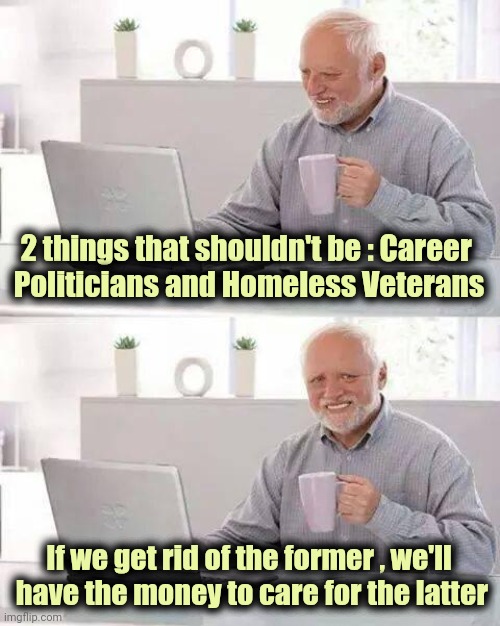 I don't care who the President is ! | 2 things that shouldn't be : Career 
Politicians and Homeless Veterans; If we get rid of the former , we'll
 have the money to care for the latter | image tagged in memes,hide the pain harold,politicians suck,waste of time,waste of money,parasites | made w/ Imgflip meme maker