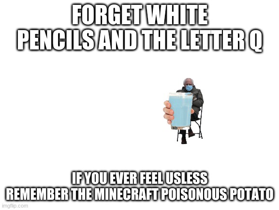 Blank White Template | FORGET WHITE PENCILS AND THE LETTER Q; IF YOU EVER FEEL USLESS REMEMBER THE MINECRAFT POISONOUS POTATO | image tagged in blank white template | made w/ Imgflip meme maker