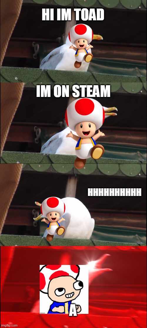 TOAD THE BIRD | HI IM TOAD; IM ON STEAM; HHHHHHHHHH; A | image tagged in memes,inhaling seagull,toad,haha,lol,steam | made w/ Imgflip meme maker