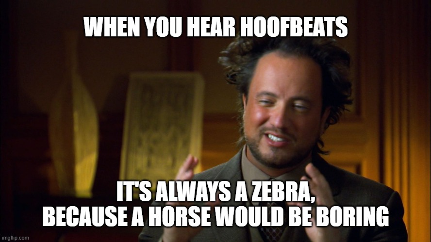 Well, the form of the argument is correct. | WHEN YOU HEAR HOOFBEATS; IT'S ALWAYS A ZEBRA, BECAUSE A HORSE WOULD BE BORING | image tagged in ufologist,logic,invalid,false premise,belieberble,boring | made w/ Imgflip meme maker