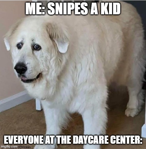 scared dog | ME: SNIPES A KID; EVERYONE AT THE DAYCARE CENTER: | image tagged in scared dog | made w/ Imgflip meme maker
