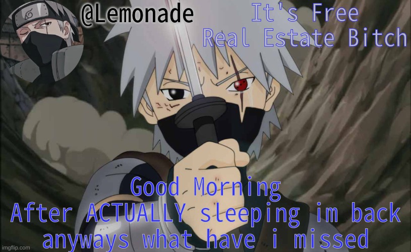 Lemonade Announcement | It's Free Real Estate Bitch; Good Morning
After ACTUALLY sleeping im back
anyways what have i missed | image tagged in lemonade announcement | made w/ Imgflip meme maker