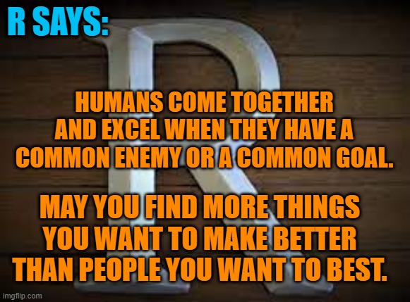 Let's Use Our Time Wisely. | R SAYS:; HUMANS COME TOGETHER AND EXCEL WHEN THEY HAVE A COMMON ENEMY OR A COMMON GOAL. MAY YOU FIND MORE THINGS YOU WANT TO MAKE BETTER THAN PEOPLE YOU WANT TO BEST. | image tagged in politics | made w/ Imgflip meme maker