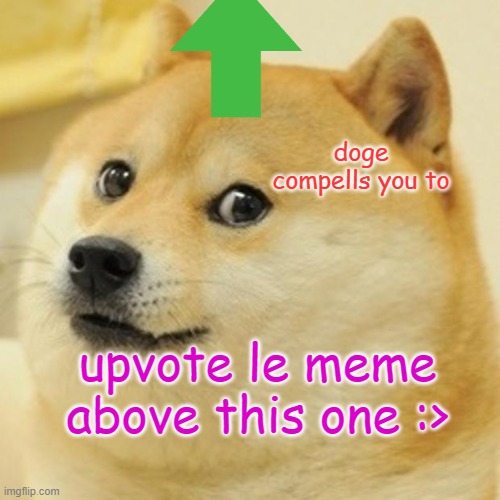 Doge | doge compells you to; upvote le meme above this one :> | image tagged in memes,doge | made w/ Imgflip meme maker