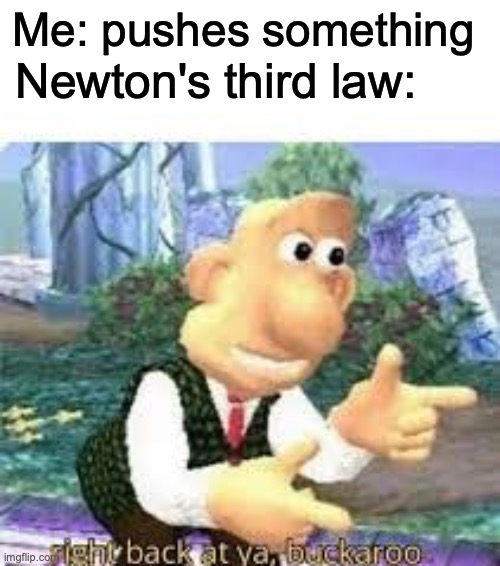 right back at you buckaroo | Newton's third law:; Me: pushes something | image tagged in right back at you buckaroo | made w/ Imgflip meme maker