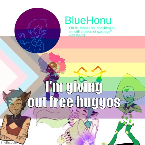 f r e e  h u g g o s | I'm giving out free huggos | image tagged in bluehonu announcement temp 2 0 | made w/ Imgflip meme maker
