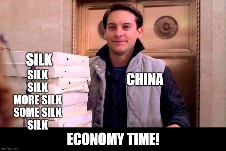 I also made this during Social Studies class | SILK; CHINA; SILK
SILK
MORE SILK
SOME SILK
SILK; ECONOMY TIME! | image tagged in pizza time | made w/ Imgflip meme maker