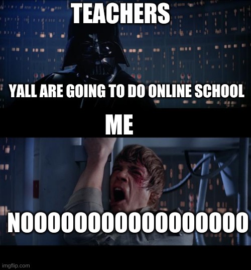 true | TEACHERS; YALL ARE GOING TO DO ONLINE SCHOOL; ME; NOOOOOOOOOOOOOOOOO | image tagged in memes,star wars no | made w/ Imgflip meme maker