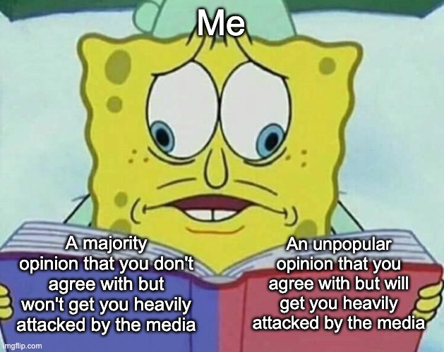 cross eyed spongebob | Me; An unpopular opinion that you agree with but will get you heavily attacked by the media; A majority opinion that you don't agree with but won't get you heavily attacked by the media | image tagged in cross eyed spongebob | made w/ Imgflip meme maker