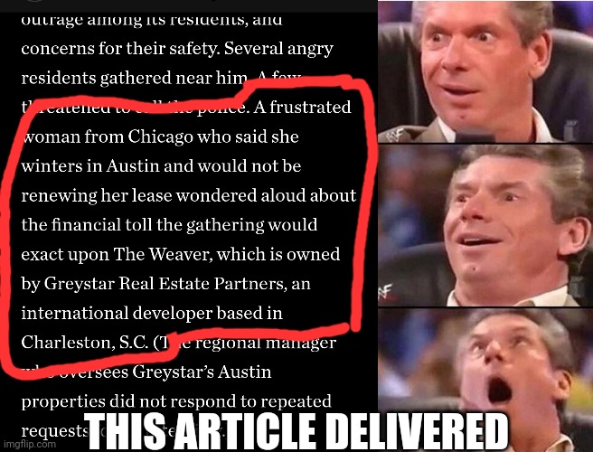 THIS ARTICLE DELIVERED | image tagged in vince mcmahon | made w/ Imgflip meme maker