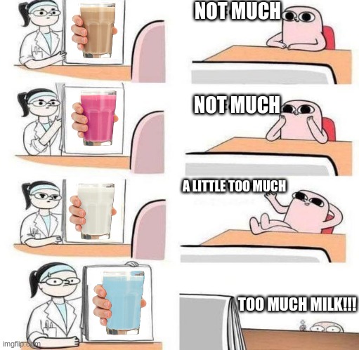 bruh, 4 milk images | NOT MUCH; NOT MUCH; A LITTLE TOO MUCH; TOO MUCH MILK!!! | image tagged in not terrible with placed text,milk | made w/ Imgflip meme maker