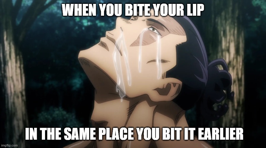 Pain | WHEN YOU BITE YOUR LIP; IN THE SAME PLACE YOU BIT IT EARLIER | image tagged in anime meme,funny memes | made w/ Imgflip meme maker