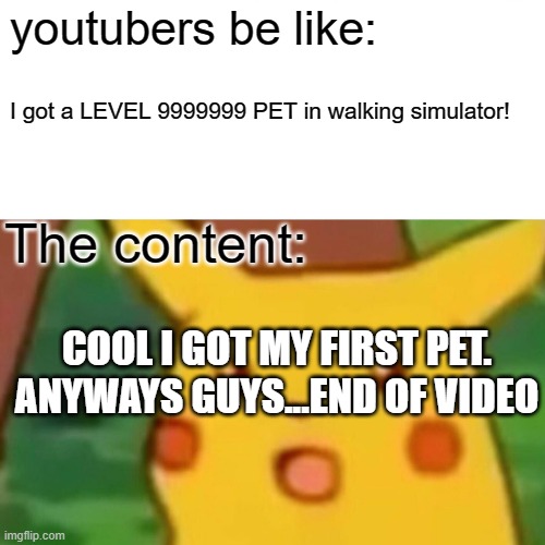 stap clickbaiting meh | youtubers be like:; I got a LEVEL 9999999 PET in walking simulator! The content:; COOL I GOT MY FIRST PET. ANYWAYS GUYS...END OF VIDEO | image tagged in memes,surprised pikachu | made w/ Imgflip meme maker