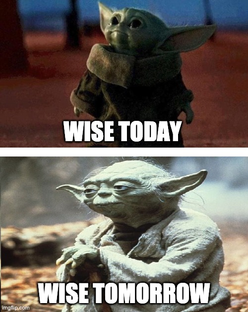 Old Today Old Tomorrow |  WISE TODAY; WISE TOMORROW | image tagged in baby yoda old yoda | made w/ Imgflip meme maker
