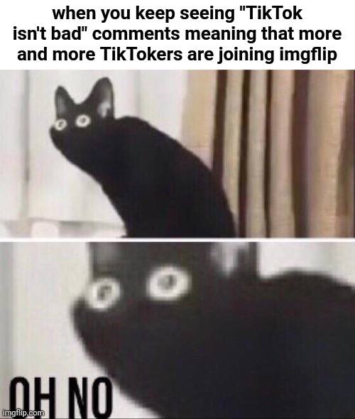 They're raiding imgflip! | when you keep seeing "TikTok isn't bad" comments meaning that more and more TikTokers are joining imgflip | image tagged in oh no cat,memes,funny,tiktok,tiktok sucks,gifs | made w/ Imgflip meme maker