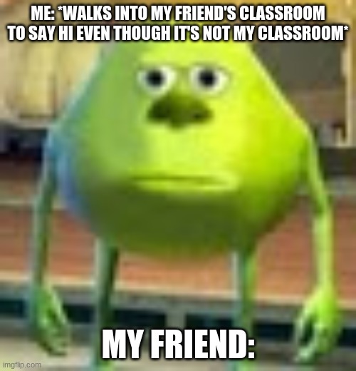 Sully Wazowski | ME: *WALKS INTO MY FRIEND'S CLASSROOM TO SAY HI EVEN THOUGH IT'S NOT MY CLASSROOM*; MY FRIEND: | image tagged in sully wazowski | made w/ Imgflip meme maker