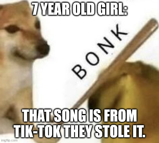 Just bonk | 7 YEAR OLD GIRL:; THAT SONG IS FROM TIK-TOK THEY STOLE IT. | image tagged in bonk,funny memes,doge | made w/ Imgflip meme maker