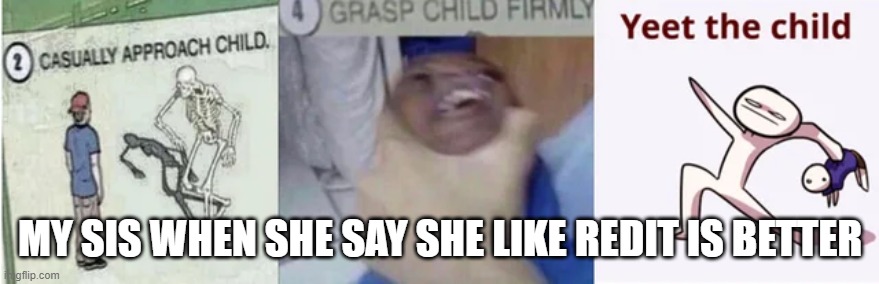 Casually Approach Child, Grasp Child Firmly, Yeet the Child | MY SIS WHEN SHE SAY SHE LIKE REDIT IS BETTER | image tagged in casually approach child grasp child firmly yeet the child | made w/ Imgflip meme maker