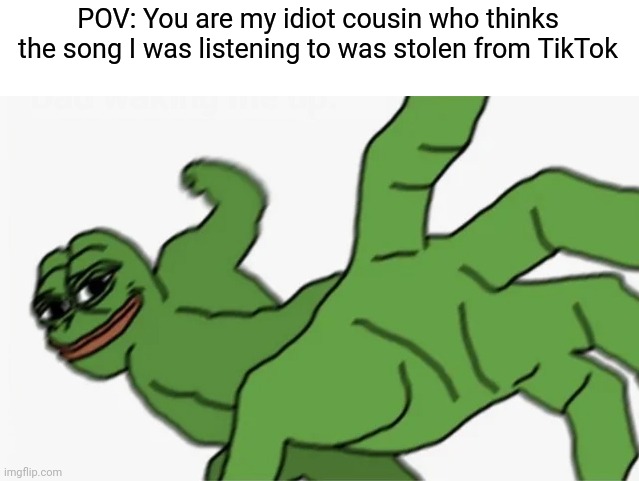 pepe punch | POV: You are my idiot cousin who thinks the song I was listening to was stolen from TikTok | image tagged in pepe punch | made w/ Imgflip meme maker