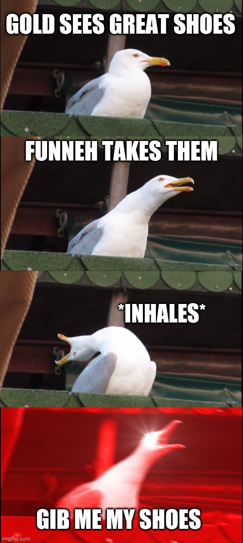 Inhaling Seagull Meme | GOLD SEES GREAT SHOES; FUNNEH TAKES THEM; *INHALES*; GIB ME MY SHOES | image tagged in memes,inhaling seagull | made w/ Imgflip meme maker