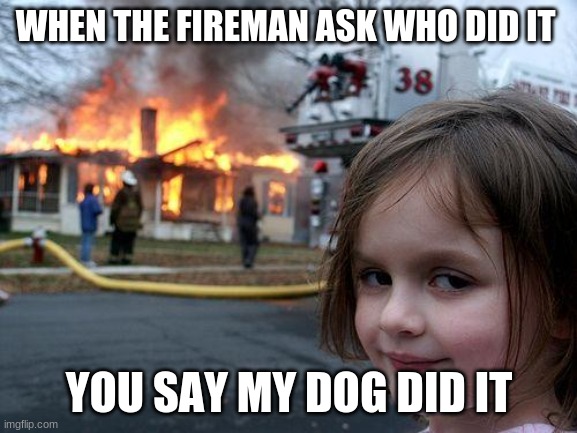 Disaster Girl Meme | WHEN THE FIREMAN ASK WHO DID IT; YOU SAY MY DOG DID IT | image tagged in memes,disaster girl | made w/ Imgflip meme maker