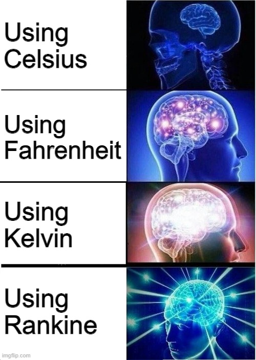 I bet only a few people who see this will know what Rankine is | Using Celsius; Using Fahrenheit; Using Kelvin; Using Rankine | image tagged in memes,expanding brain | made w/ Imgflip meme maker