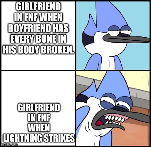 Mordecai disgusted | GIRLFRIEND IN FNF WHEN BOYFRIEND HAS EVERY BONE IN HIS BODY BROKEN. GIRLFRIEND IN FNF WHEN LIGHTNING STRIKES | image tagged in mordecai disgusted | made w/ Imgflip meme maker