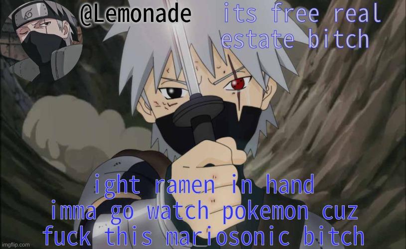 Lemonade Announcement | its free real estate bitch; ight ramen in hand imma go watch pokemon cuz fuck this mariosonic bitch | image tagged in lemonade announcement | made w/ Imgflip meme maker