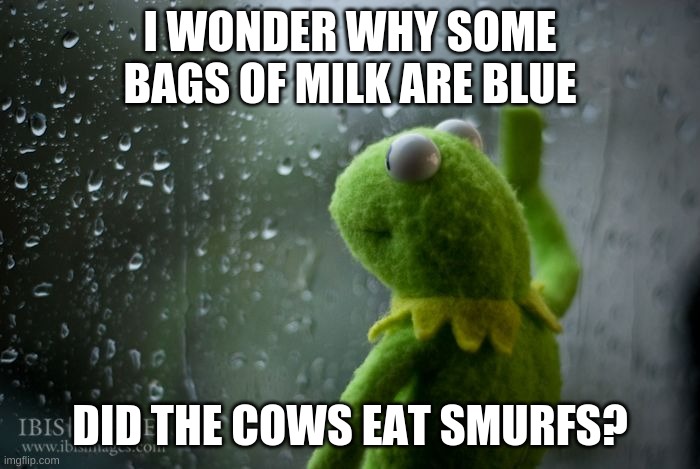 kermit window | I WONDER WHY SOME BAGS OF MILK ARE BLUE; DID THE COWS EAT SMURFS? | image tagged in kermit window | made w/ Imgflip meme maker