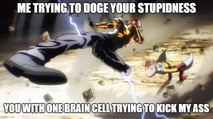 Anime meme | ME TRYING TO DOGE YOUR STUPIDNESS; YOU WITH ONE BRAIN CELL TRYING TO KICK MY ASS | image tagged in funny,stupid,one punch man,fighting,anime,anime meme | made w/ Imgflip meme maker