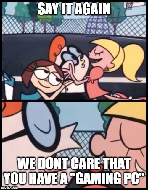 It do be like that | SAY IT AGAIN; WE DONT CARE THAT YOU HAVE A "GAMING PC" | image tagged in memes,say it again dexter | made w/ Imgflip meme maker