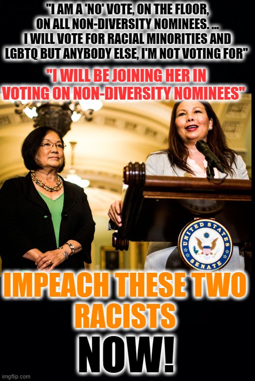 THIS IS THE DEFINITION OF RACISM AND IS ALSO UNCONSTITUTIONAL | "I AM A 'NO' VOTE, ON THE FLOOR, ON ALL NON-DIVERSITY NOMINEES. ... I WILL VOTE FOR RACIAL MINORITIES AND LGBTQ BUT ANYBODY ELSE, I'M NOT VOTING FOR"; "I WILL BE JOINING HER IN VOTING ON NON-DIVERSITY NOMINEES"; IMPEACH THESE TWO
RACISTS; NOW! | image tagged in black background | made w/ Imgflip meme maker