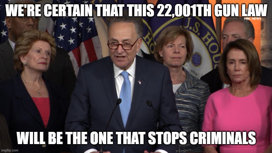 Democrat congressmen | WE'RE CERTAIN THAT THIS 22,001TH GUN LAW; WILL BE THE ONE THAT STOPS CRIMINALS | image tagged in democrat congressmen | made w/ Imgflip meme maker
