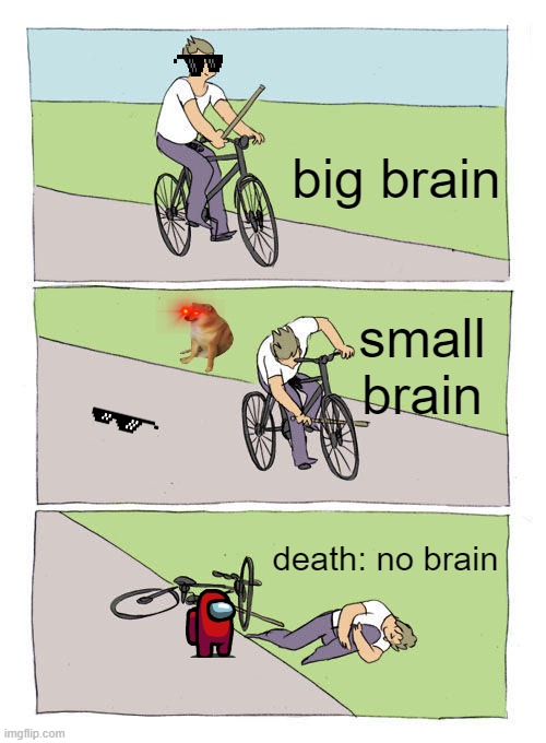 what big, small, and no brain do | big brain; small brain; death: no brain | image tagged in memes,bike fall | made w/ Imgflip meme maker