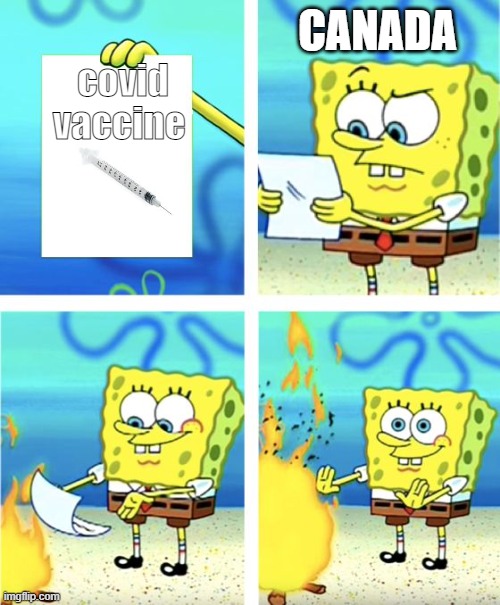 what they do with the vaccine in Canada | covid vaccine; CANADA | image tagged in spongebob burning paper | made w/ Imgflip meme maker