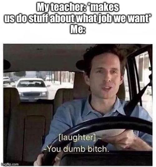 You dumb bitch | My teacher: *makes us do stuff about what job we want*
Me: | image tagged in you dumb bitch | made w/ Imgflip meme maker