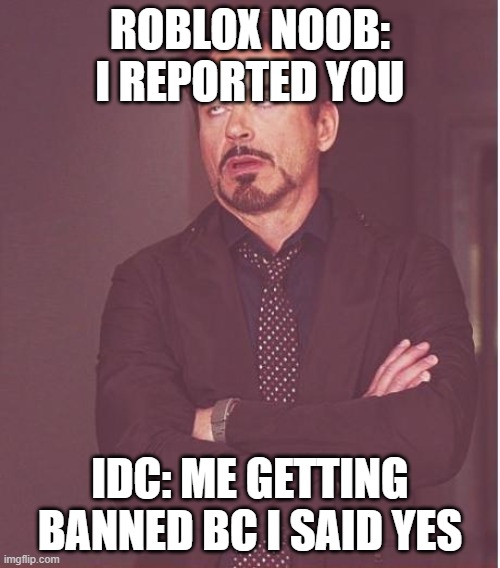 roblox in a nutshell | ROBLOX NOOB: I REPORTED YOU; IDC: ME GETTING BANNED BC I SAID YES | image tagged in memes | made w/ Imgflip meme maker