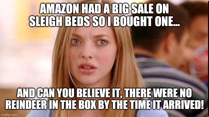 Fine print strikes again | AMAZON HAD A BIG SALE ON SLEIGH BEDS SO I BOUGHT ONE... AND CAN YOU BELIEVE IT, THERE WERE NO REINDEER IN THE BOX BY THE TIME IT ARRIVED! | image tagged in dumb blonde,bedtime,reindeer,amazon | made w/ Imgflip meme maker