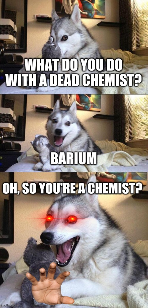 Meme | WHAT DO YOU DO WITH A DEAD CHEMIST? BARIUM; OH, SO YOU'RE A CHEMIST? | image tagged in memes,bad pun dog | made w/ Imgflip meme maker